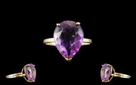 9ct Gold - Large Pear Shaped Amethysts Set Dress Ring,