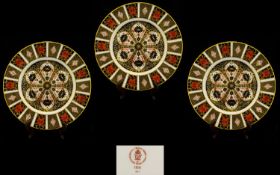 Royal Crown Derby Old Imari 22ct Single Gold Band Set of 3 Large Cabinet Plates. Pattern No 1128 &