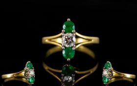 18 Carat Gold Attractive Quality Three Stone Emerald and Diamond Dress Ring. Pleasing design. The