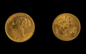 Queen Victoria Superb - 22ct Gold Young Head Full Sovereign - Date 1884. London Mint & High Grade E.