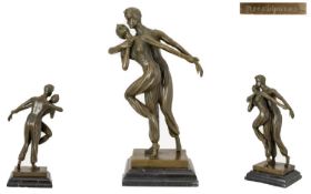 A Cast Bronze Figure Group After Chiparus's Persian Dancers Raised on stepped marble base,