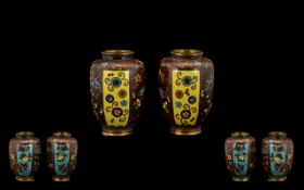 A Pair Of Miniature Oriental Cloisonne Vases Each of baluster jar form,