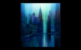 Heinz-Jürgen Menzinger Oil On Canvas, Modernist New York Cityscape, 'Blue City'. 36 x 31 Inches.