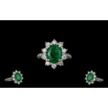 14ct White Gold Contemporary Designed Emerald and Diamond Set Cluster Ring,