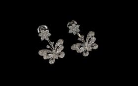 Pair Of 9ct Gold Diamond Earrings, Each With A Diamond Cluster Above A Diamond Butterfly Drop,