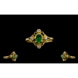 18ct Gold Petite and Attractive Emerald and Diamond Set Dress Ring,