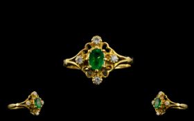 18ct Gold Petite and Attractive Emerald and Diamond Set Dress Ring,