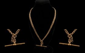Antique Period 9ct Gold Double Albert Chain with T - Bar, All Links Marked for 9ct.