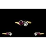 18ct Gold and Platinum Attractive Diamond and Ruby Set - Two Stone Diamond Ring. From The 1930's.