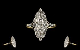 18ct Gold - Marquise Shaped Diamond Set Dress Ring of the 1920's Period, Pleasing Shape.