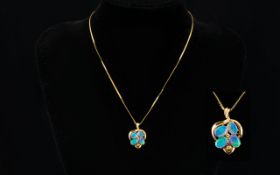 14ct Gold Opal and Diamond Set Pendant with Attached 14ct Gold Chain.