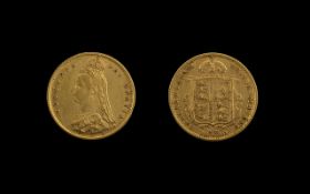 Queen Victoria Bun Head 22ct Gold Half Sovereign - Date 1890. London Mint, E.