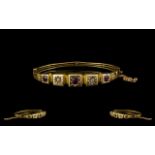 Edwardian Period - Attractive 9ct Gold Ruby and Diamond Set Hinged Bangle with Attached 9ct Gold