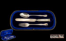 George V Boxed Solid Silver 3 Piece Christening Set. Comprises Knife, Spoon and Fork.