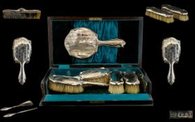 Ladies Deluxe - Boxed Solid Mahogany Top Quality - 8 Piece Silver Vanity Set.