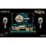 Ladies Deluxe - Boxed Solid Mahogany Top Quality - 8 Piece Silver Vanity Set.