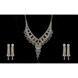 Crystal Scalloped and Fringed Pendant Necklace and Triple Drop Earrings Set,