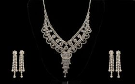 Crystal Scalloped and Fringed Pendant Necklace and Triple Drop Earrings Set,