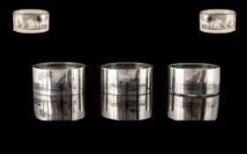 Iran - Persian Solid Silver Trio of Niello Napkin Holders, Decorated with Images of Sailing Boats,