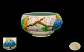 Clarice Cliff 1930's Handpainted 'Budgerigar' Footed Bowl features two budgies on a