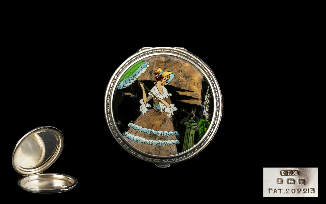 Art Deco Period Nice Quality Circular Silver Hinged Compact with Hand Painted Images of the