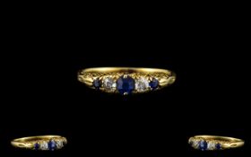 Antique Period - Petite / Attractive 18ct Gold 5 Stone Sapphire and Diamond Ring, Gypsy Setting.