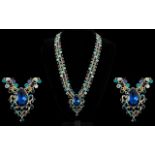 Deep Blue Pendant and Multi Crystal Collar Necklace, a large pear shape, deep sapphire blue crystal,