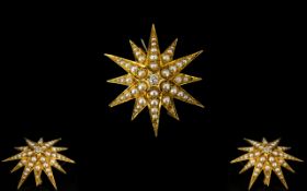 Antique - 18ct Gold Starburst Diamond and Pearl Brooch of Pleasing Form. The Central Diamonds of