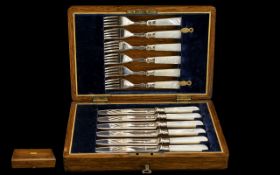 Edwardian Period - Delux 12 Piece Set of Fruit Knifes and Forks with Plated Blades and Mother of