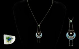 Charles Horner Silver And Enamel Art Nouveau Pendant And Chain Fully hallmarked Chester 1909,