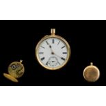 A 14ct Gold Fob Watch White enamel dial with Roman numerals and subsidiary second,