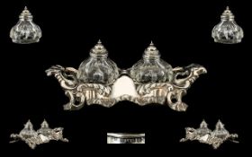 Mid Victorian Superb Quality Ornate Silver Ink Stand - Complete with a Pair of Silver Topped Cut