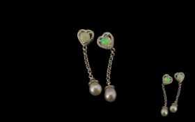 Opal Heart and Pearl Drop Earrings, two round cut opals, each of 1ct,
