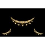 Antique Period 18ct Gold Crescent Shaped Tiara Diamond and Pearl Set Brooch of Pleasing Form. c.