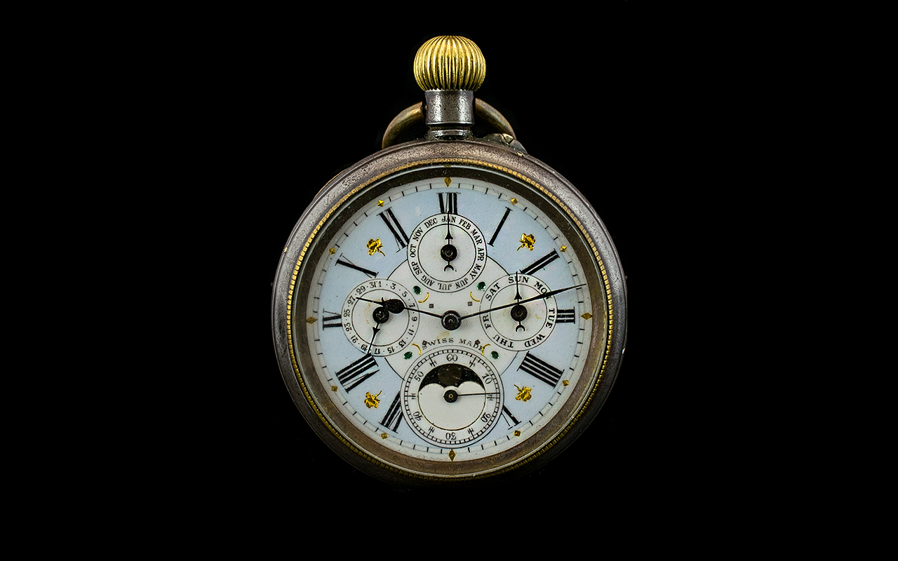 Swiss Made Antique Period Multi Dial Triple Date Moon Phase Open Faced Gun Metal Cased Pocket Watch.