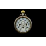 Swiss Made Antique Period Multi Dial Triple Date Moon Phase Open Faced Gun Metal Cased Pocket Watch.