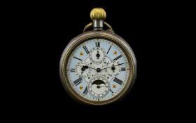 Swiss Made Antique Period Multi Dial Triple Date Moon Phase Open Faced Gun Metal Cased Pocket Watch.