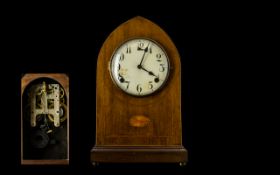Early 20th Century Mantle Clock Lancet form oak cased clock with inlaid detail to front,