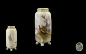 Royal Worcester Hand Painted and Signed 4 Footed Reticulated Small Vase ' Pheasants In a Woodland