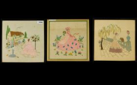 Three Framed Embroidered Panels Polychrome embroidered panels on linen, each depicting crinoline