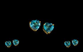 Blue Topaz Stud Earrings, a pair of heart cut solitaires of vivid blue topaz, totalling 4.