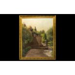 Original Oil On Canvas Unsigned Impasto Oil, Depicting An Italianate Garden Housed In Swept Gilt