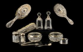 A Small Mixed Lot Of Silver Items All in as found condition to include vanity set, scent bottles,