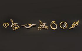 A Collection Of Seven 9ct Gold And Diamond Set Charms Each hallmarked to bale, to include bike,