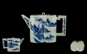 Chinese Export 19th Century Canton - Blue and White Teapot of Unusual Form.