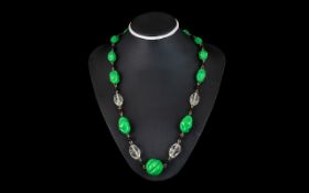 Vintage Beaded Necklace, In Green, Black & White Tones, Looks Great on and of Good Quality. Approx