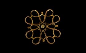 9ct Yellow Gold And Diamond Filigree Brooch Fully hallmarked, the centre enamelled and set with