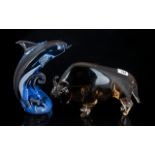 Murano Blue Coloured Glass Dolphin Figure height 10 inches, foil retail label attached marked '