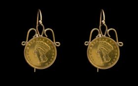 A Pair Of 1862 USA $1 Coin Earrings Wired earrings set with Indian head coins. Please see image