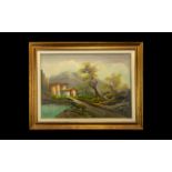 A Mid Century Continental Oil On Canvas Framed and glazed in broad gilt swept frame.